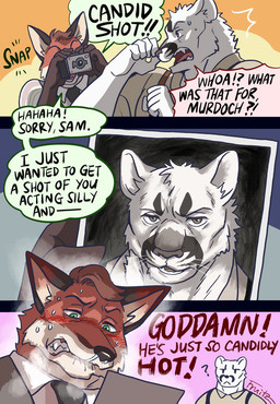 5_fingers albino anthro black_nose clothed clothing dialogue duo fingers fur humanoid_hands male photo photographer red_body red_fur text fruitz echo_(series) echo_project the_smoke_room murdoch_byrnes samuel_ayers canid canine cougar felid feline fox mammal colored comic english_text hi_res signature