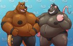 anthro beard big_pecs black_body black_nose bottomwear brown_body bulge clothing duo facial_hair humanoid_hands male musclegut muscular nipples overweight overweight_anthro overweight_male pants pecs underwear leothelionel ace_(houndgrey) bear mammal murid murine rat rodent 14:9 2022 hi_res