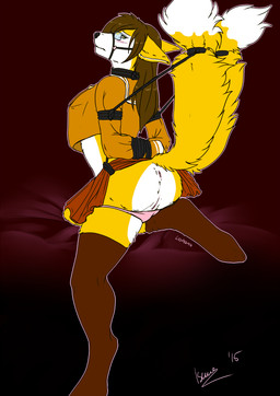 2_tails anthro arms_tied bdsm blush bondage bound breasts brown_hair butt clothed clothing dipstick_tail eyewear female genitals glasses hair hands_behind_back markings multi_tail multicolored_tail panties panties_down partially_clothed restraints rope rope_bondage solo tail tail_bondage tail_markings tail_tied underwear underwear_down vulva isuna canid canine fox mammal 2015 hi_res