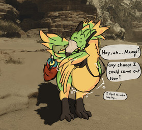 ambiguous_gender belly big_belly dialogue digestion duo feather_preening feathers feral oral_vore personal_grooming photo_background rumbling_stomach text vore benadryl_buckshot capcom monster_hunter mango_(benadryl_buckshot) bird_wyvern seikret draw_over english_text mixed_media photography_(artwork)