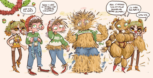 big_breasts breasts christmas_clothing christmas_headwear clothing clothing_loss clown clown_makeup clown_nose duo female female/female forced forced_transformation four_frame_sequence gender_transformation good_girl headgear headwear holidays human_to_humanoid male mtf_transformation scarecrow species_transformation text torn_clothing transformation transformation_sequence bubbalossom christmas animate_inanimate human humanoid living_scarecrow mammal absurd_res english_text hi_res