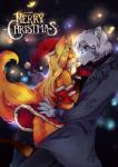 anthro blonde_hair blue_eyes clothed clothing duo eyes_closed female fluffy fluffy_tail fur hair holidays kissing long_hair male male/female orange_body orange_fur romantic romantic_ambiance romantic_couple snow tail thick_tail white_body white_fur white_hair wide_eyed hippothrombe christmas aya tomo_(hippothrombe) canid canine felid fox leopard mammal pantherine snow_leopard 2017 absurd_res hi_res