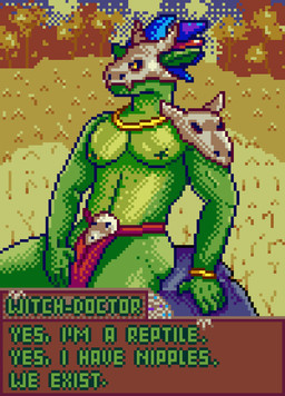 anthro barazoku bone bone_mask bottomwear bracelet clothing dialogue dialogue_box green_body jewelry loincloth looking_at_viewer male mask muscular necklace nipple_piercing nipples outside piercing skull skull_mask solo text yellow_eyes akadthefox terraria witch_doctor_(terraria) lihzahrd reptile scalie digital_media_(artwork) english_text hi_res pixel_(artwork)