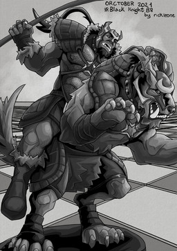 armor armored_wolf beard body_hair chess chest_hair duo facial_hair male muscular muscular_male nipples orctober_chess_challenge wolf_rider rickleone inktober orctober canid canine canis humanoid mammal orc wolf greyscale hi_res monochrome
