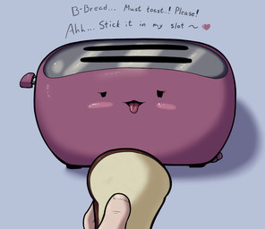 appliance blush bread disembodied_hand duo female food food_fetish half-closed_eyes heart_symbol kitchen_appliance machine metallic_body narrowed_eyes not_furry open_mouth solo_focus suggestive suggestive_food text toaster tongue tongue_out what what_has_science_done trapmagius animate_inanimate dire_machine living_machine english_text lol_comments