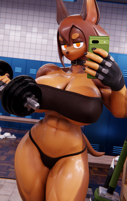 :< abs anthro athletic athletic_female bandeau big_breasts black_bandeau black_clothing black_fingerless_gloves black_gloves black_handwear black_thong black_topwear black_underwear bodily_fluids breasts brown_body brown_hair cellphone cleavage closed_frown clothed clothed_anthro clothed_female clothing collar dumbbell electronics exercise female fingerless_gloves frown gloves hair half-closed_eyes handwear holding_cellphone holding_object holding_phone holding_smartphone locker locker_bench locker_room looking_at_viewer mirror mirror_selfie mouth_closed narrowed_eyes navel orange_eyes phone selfie skimpy smartphone solo sweat tail thong topwear underwear weightlifting weights workout floppyhuman valorlynz_(modeler) dog_knight_rpg google google_pixel rory_(ceehaz) canid canine canis dobermann domestic_dog mammal pinscher 2025 3d_(artwork) absurd_res digital_media_(artwork) english_description hi_res