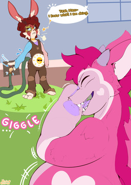 ambiguous_gender angry annoyed anthro antlers barefoot belly_badge big_glasses cheek_tuft clothing cloud_emanata diaper digitigrade dreadlocks duo emanata eyewear facial_tuft feet female fur glasses grass hair heart_(marking) horn imminent_inflation inner_ear_fluff laugh markings motion_lines multicolored_body multicolored_fur onomatopoeia overalls oversized_sleeves plant red_hair ring_(marking) round_glasses slightly_chubby sound_effects speech_bubble star_(marking) text tuft water_hose young hojaastrale mythology astrale_(hojaastrale) mazushi dragon furred_dragon furred_scalie jackalope lagomorph mammal mythological_creature mythological_scalie scalie absurd_res english_text hi_res