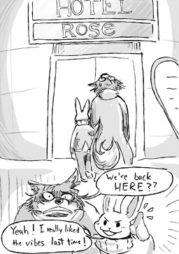 anthro bodily_fluids bottomwear clothing coat dialogue door duo female gesture hand_gesture handwear hotel jacket male mittens muffler pants pointing pointing_up smile sweat text topwear dragonweirdo beastars haru_(beastars) legoshi_(beastars) canid canine canis lagomorph leporid mammal rabbit wolf absurd_res comic english_text hi_res monochrome