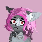 anthro bust_portrait digital_media_(artwork) domestic_cat felid feline felis female fur grey_body grey_fur hair mammal pink_hair pixel_(artwork) portrait red_eyes skrity solo