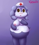 blush breasts brown_eyes clothing female female_humanoid genitals gradient_background hand_on_belly hand_on_breast hat headgear headwear nipples nurse_clothing nurse_hat nurse_headwear overweight overweight_female overweight_humanoid purple_body pussy simple_background solo white_body galv3z_(artist) nintendo pokemon generation_8_pokemon humanoid indeedee pokemon_(species) 2021 hi_res signature