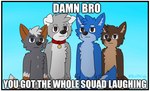 anthro black_nose blue_body blue_ears blue_fur blue_hair blue_tail border brown_body brown_ears brown_eyes brown_fur chest_tuft collar floppy_ears fur grey_body grey_fur grey_hair grey_tail group hair looking_at_viewer male monotone_hair multicolored_body multicolored_fur tail text tuft two_tone_body two_tone_fur two_tone_tail unimpressed white_body white_border white_ears white_fur white_tail broitscody you_got_the_whole_squad_laughing cody_(broitscody) logan_(broitslogan) canid canine canis domestic_dog husky mammal nordic_sled_dog spitz wolf 2021 hi_res impact_(font) meme watermark