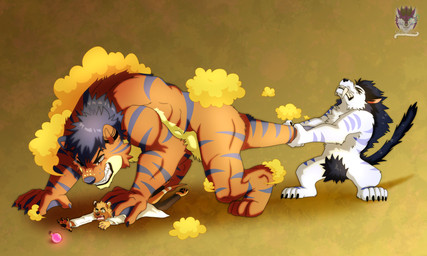 after_transformation anthro female feral group magic male pinned potion potion_bottle transformation transformation_potion trio lidiamcfurry rich_the_otter felid mammal mustelid otter prehistoric_species saber-toothed_tiger 5:3 absurd_res hi_res