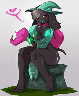 anthro big_breasts black_body black_fur breasts clothing crossgender eyewear female fur glasses hat headgear headwear heart_symbol mtf_crossgender nipples scarf solo karakylia deltarune undertale_(series) ralsei bovid caprine darkner goat mammal 2019 digital_media_(artwork) hi_res