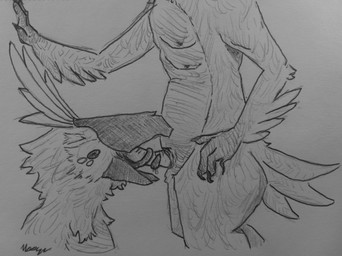ambiguous_gender anthro duo feathers fellatio genitals grey_background long_tongue male multi_pecs oral pecs penile penis sex side_view simple_background tongue poorlydrawnmoose avian absurd_res graphite_(artwork) greyscale hi_res monochrome traditional_media_(artwork)