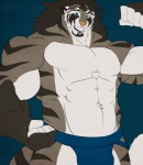 anthro big_muscles black_hair blue_eyes clothed clothing hair male muscular muscular_anthro muscular_male solo stripes topless dazen_cobalt dazen_(character) felid mammal pantherine tiger