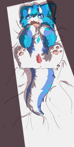 an_nie anus bed_sheet bedding belly blue_body blue_fur feral fur genitals horn legs_up looking_pleasured lying male on_back pawpads penis solo white_belly unknown_artist hi_res