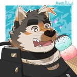 anthro blush brown_body brown_fur candy chocolate chocolate_sauce collar dessert eyebrows food fur happy ice_cream_cone male mint_ice_cream solo sparkles sparkling_eyes thick_eyebrows mallards1305 lifewonders live_a_hero sterio canid canine canis domestic_dog mammal 1:1 hi_res