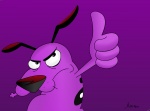 4_fingers angry anthro beagle canid canine canis cartoon_network courage_the_cowardly_dog courage_the_cowardly_dog_(character) domestic_dog fingers front_view frown fur gesture hand_gesture hunting_dog long_ears looking_at_viewer male mammal nude official_art pixelw pose purple_background purple_body purple_fur reaction_image scent_hound simple_background solo thumbs_up toony