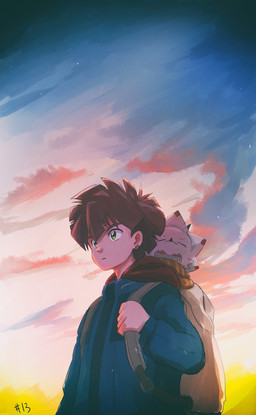 anthro backpack brown_hair clothing duo hair horn jacket male scarf sleeping sunset topwear kubota_keita bandai_namco digimon digimon_ghost_game hiro_amanokawa digimon_(species) gammamon human mammal hi_res