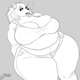 anthro big_breasts breasts cigarette cleavage clothed clothing female huge_breasts obese overweight solo standing sweatshirt thick_thighs cbanov223 animal_crossing nintendo sable_able 1:1 hi_res monochrome