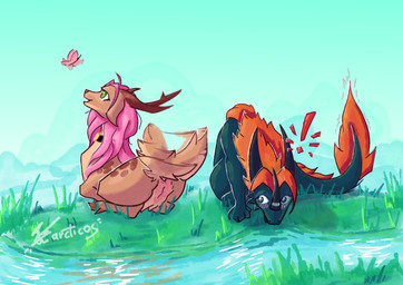 anatomically_correct anatomically_correct_genitalia anatomically_correct_vulva anus blue_body blue_eyes brown_body duo exclamation_point female feral fur genitals grass green_eyes hair hooves horn male orange_hair pink_hair plant simple_background tail tail_motion tailwag vulva arcticos mythology flayra_(arcticos) arthropod butterfly cervine deer dragon furred_dragon furred_scalie insect lepidopteran mammal mythological_creature mythological_scalie scalie absurd_res hi_res