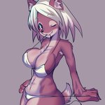 1:1 anthro armpit_hair big_breasts bikini body_hair breasts canid canine canis chatora_(pixiv) cleavage clothed clothing domestic_dog female female_anthro fur_gauntlets kemono mammal one_eye_closed seductive solo swimwear teasing wink