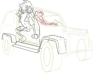 anthro balls bodily_fluids bottomless clothed clothing driving duo fur genital_fluids genitals half-closed_eyes looking_at_another male narrowed_eyes partially_clothed penis precum sharp_teeth shirt smile tail tank_top teeth three-quarter_view tongue tongue_out topwear vehicle vest iblit jeep canid canine canis domestic_dog hyena mammal 2023 digital_media_(artwork) monochrome sketch