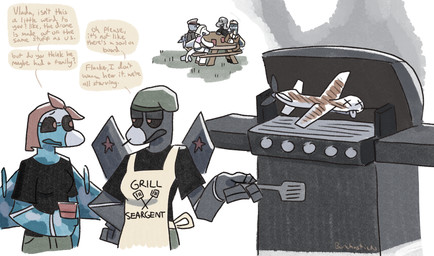 aircraft anthro barbecue character_prepared_as_food cooking cookout corpse death dialogue female female/female grill group holding_object machine male red_solo_cup roasted_food spatula standing text tools vehicle bunchasticks learjet_35 mq-9_reaper su-33 su-47 su-75 sukhoi flanker_(bunchasticks) mayday_(bunchasticks) miss_felon_(bunchasticks) vlada_(bunchasticks) dire_aircraft dire_machine dire_vehicle living_aircraft living_machine living_vehicle english_text hi_res