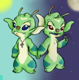 antennae_(anatomy) blue_eyes brown_nose claws day duo fangs female fur green_body green_fur green_markings holding_object markings moon multicolored_antennae multicolored_body multicolored_fur night no_sclera red_eyes semi-anthro sharp_teeth sun tan_body tan_fur teeth toe_claws boonieboo0 disney lilo_and_stitch bonnie_(lilo_and_stitch) alien experiment_(lilo_and_stitch) 2013 female_(lore)