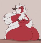 anthro back_fat belly big_breasts big_butt breasts butt chubby_cheeks female fur huge_breasts looking_back love_handles obese obese_anthro obese_female overweight overweight_anthro overweight_female red_body red_eyes red_fur short_tail side_belly simple_background smile tail white_body white_fur anuvia nintendo pokemon canid canine generation_7_pokemon lycanroc mammal midnight_lycanroc pokemon_(species) 2023