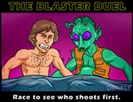 alien alien_humanoid bodily_fluids body_hair brown_hair chest_hair clenched_teeth competition dorkly duo english_text greedo_(star_wars) green_body hair han_solo handjob hi_res human human_on_humanoid humanoid humanoid_pointy_ears humor interspecies jhall male male/male mammal mutual_handjob mutual_masturbation not_furry open_mouth penile purple_background purple_eyes rodian sex sexual_competition simple_background star_wars sweat teeth text