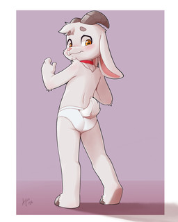 2_horns ambiguous_gender anthro arm_tuft biped blush blush_lines border briefs brown_eyebrows brown_horn circle_eyebrows clothed clothed_ambiguous clothed_anthro clothing collar curved_horn elbow_tuft embarrassed eyebrow_through_hair eyebrows fingers floppy_ears fur furgonomic_underwear furgonomics glistening glistening_eyes hair hooved_plantigrade hooved_toes hooves horizontal_pupils horn looking_back looking_down lop_ears mouth_closed neck_tuft orange_eyes pink_inner_ear pink_nose plantigrade pupils purple_background red_collar scut_tail short_tail shoulder_tuft simple_background solo tail tighty_whities topless topless_ambiguous topless_anthro translucent translucent_hair tuft underwear white_body white_border white_briefs white_clothing white_fur white_tail white_underwear young young_ambiguous young_anthro ajin ramsay_hornbrook bovid caprine goat mammal 2026 4:5 digital_media_(artwork) hi_res signature male_(lore)
