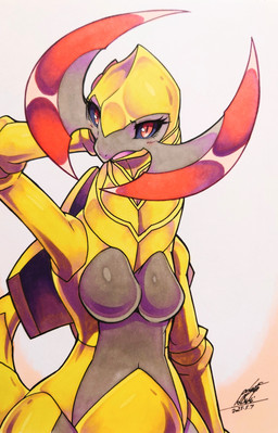 anthro big_breasts black_sclera blush blush_lines breasts eyelashes featureless_breasts female hand_behind_head looking_at_viewer non-mammal_breasts open_mouth pokemorph red_eyes simple_background solo tail wide_hips yellow_body 025aki nintendo pokemon generation_5_pokemon haxorus pokemon_(species) scalie 2025 absurd_res dated hi_res signature
