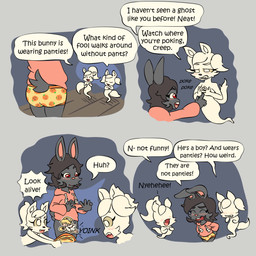 anthro assisted_exposure black_eyebrows black_hair butt butt_shot censored_genitalia censored_penis clenched_teeth clothed clothing creative_censorship dialogue drawstring drawstring_hoodie embarrassed eyebrows eyelashes eyes_closed fangs female food fruit fur ghost_tail grey_body grey_fur group hair halo hand_to_mouth hoodie laugh laughing_at_another looking_down male no_pupils onomatopoeia open_mouth open_smile pantsing pantsless pantsless_anthro pantsless_male pattern_briefs pattern_clothing pattern_underwear pink_clothing pink_hoodie pink_nose pink_topwear plant poking poking_chest pumpkin red_eyes scut_tail shocked short_tail side_butt smile sound_effects speech_bubble tail talking_to_another tan_sclera teeth text topwear trio underwear white_eyes white_tail wings yellow_clothing yellow_underwear young young_anthro young_male bisonvega bunny_boy_(bisonvega) angel angel_humanoid canid canine ghost humanoid lagomorph leporid mammal rabbit spirit 2025 censored comic english_text hi_res