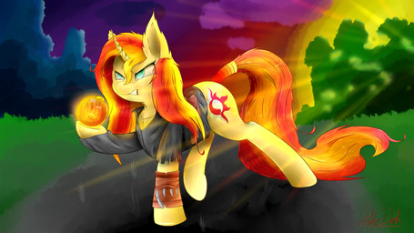 all_fours angry butt clothing cloud cutie_mark female feral grass green_eyes grimace hair hooves horn jewelry long_hair looking_away magic multicolored_hair necklace outside plant shirt sky solo sun sunset topwear tree rubydusk equestria_girls friendship_is_magic hasbro my_little_pony mythology sunset_shimmer_(eg) equid equine mammal mythological_creature mythological_equine unicorn 16:9 absurd_res digital_media_(artwork) hi_res widescreen