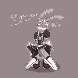 4_fingers animal_genitalia animal_penis anthro bent_legs blush bodily_fluids bottomwear clothed clothing clothing_lift cum cum_on_command drooling ejaculation fingers genital_fluids genitals heart_symbol knot knotted_penis lagomorph_penis maid_headdress maid_uniform male moan penis presenting raised_bottomwear raised_clothing raised_skirt saliva shaking shivering skirt skirt_lift solo speech_bubble spiral spiral_eyes uniform screaming_alice glitch_productions kinktober kinktober_2025 the_amazing_digital_circus jax_(tadc) lagomorph leporid mammal rabbit hi_res