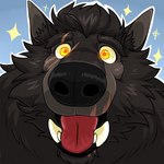 anthro black_body black_fur black_hair daww eye_scar facial_scar fur gaze hair happy inner_ear_fluff lip_scar male mane mane_hair open_mouth piercing_gaze scar snout snout_scar solo sparkles tongue tongue_out tuft tusks yellow_eyes titandraugen mythology kouya_wulfhardt canid canine canis mammal mythological_canine mythological_creature werecanid werecanine werecreature werewolf wolf 1:1 2023 bust_portrait portrait