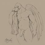 anthro beak erection feathered_wings feathers foreskin genitals half-closed_eyes humanoid_genitalia humanoid_penis looking_at_viewer male musclegut muscular muscular_anthro muscular_male narrowed_eyes nude penis seductive solo standing towel wings kazzyboii zary_(zarycolour) avian bird finch oscine passerine hi_res monochrome sketch