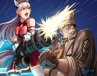 animal_skull belly bow_tie chaingun clothing duo ear_covers eye_patch eyewear female gatling_gun glasses goldlewis_dickinson gun hat headgear headwear machine_gun male male/female military military_uniform minigun muzzle_flash pointing_with_thumb ranged_weapon shaking_breasts shooting shooting_weapon uniform weapon geminart arc_system_works cygames guilty_gear uma_musume_pretty_derby gold_ship_(pretty_derby) equid equine horse humanoid mammal 2025 absurd_res crossover digital_drawing_(artwork) digital_media_(artwork) digital_painting_(artwork) hi_res painting_(artwork)