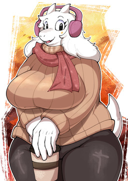 anthro big_breasts black_clothing black_eyes black_legwear breasts brown_clothing brown_sweater brown_topwear clothing coffee_cup container cup earmuffs eyebrows eyelashes fangs female floppy_ears fluffy fluffy_ears fluffy_tail fur gradient_background hair holding_coffee_cup holding_container holding_cup holding_object horn huge_breasts legwear markings open_mouth open_smile pattern_clothing pattern_scarf scarf scut_tail short_tail simple_background smile smiling_at_viewer snout solo star_(marking) sweater tail teeth thick_thighs three-quarter_view topwear turtleneck white_body white_fur white_hair wide_hips goopyarts undertale_(series) toriel boss_monster_(undertale) 2025 absurd_res digital_media_(artwork) hi_res portrait three-quarter_portrait