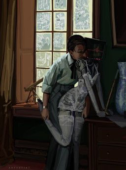 armwear clothed clothing duo elbow_gloves feet female for_a_head fully_clothed furniture gloves hair hand_on_foot handwear inside interspecies legwear lingerie machine male male/female not_furry on_table raised_leg screen screen_face short_hair stockings table tan_body tan_skin technophilia window zarzaliel human humanoid mammal object_head robot robot_humanoid absurd_res hi_res