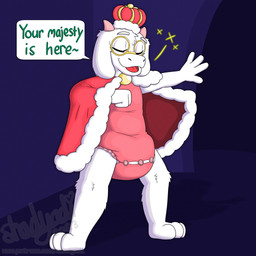 3_toes 4_fingers ambiguous_gender anthro archway button_(fastener) cape clean_diaper clothed clothing confident crown dialogue diaper diaper_under_clothing diaper_under_onesie eyes_closed eyewear feet fingers floppy_ears fur glasses head_horn headgear heart_symbol horn onesie open_mouth open_smile pink_horn red_cape red_clothing red_onesie smile solo sparkles speech_bubble standing text three-quarter_view tilde_after_text toes wearing_diaper wearing_glasses white_body white_fur yellow_eyewear yellow_glasses shadyadi deltarune undertale_(series) ralsei bovid caprine darkner goat mammal 1:1 2023 artist_name english_text full-length_portrait hi_res portrait signature url male_(lore)