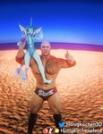 anthro athletic bald beach clothing female gesture hand_gesture male male_human one_eye_closed pose posing_for_picture size_difference swimwear tail tattoo thumbs_up v_sign wink honigkuchenpferd nintendo pokemon dwayne_johnson eeveelution generation_1_pokemon human mammal pokemon_(species) vaporeon 3d_(artwork) digital_media_(artwork) hi_res