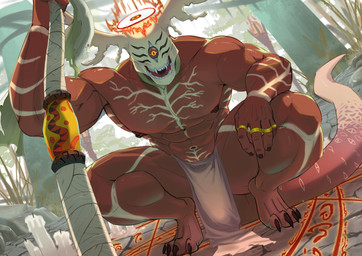 1_eye abs bottomwear candle claws clothing crouching loincloth looking_at_viewer male muscular muscular_male navel ring solo tail teeth toe_claws sacorxi sybrown_(amoyy0118) demon 2023 digital_drawing_(artwork) digital_media_(artwork) hi_res
