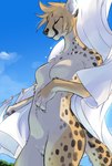 anthro breasts casual_nudity clothes_line eyes_closed featureless_breasts featureless_crotch female fur hair kemono nude outside pubes sky slim small_breasts solo standing tail white_body white_fur kikurage cheetah felid feline felis mammal hi_res