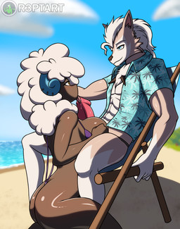 animal_genitalia animal_penis anthro beach breast_play breasts brown_body canine_genitalia canine_penis clothing duo female fur genitals licking male male/female muscular muscular_male one-piece_swimsuit oral penile penis penis_lick sex sling_bikini swimwear titfuck tongue white_body white_fur r3ptart nintendo pokemon generation_5_pokemon generation_7_pokemon lycanroc midday_lycanroc pokemon_(species) whimsicott absurd_res hi_res