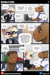 2024 angry anthro blue_eyes brooke_(siroc) brown_body brown_fur capybara caviid clock clothed clothing comic dialogue domestic_ferret duo ears_up english_text eye_contact female frank_(siroc) fur hi_res looking_at_another male mammal mustelid musteline open_mouth open_smile purple_eyes rodent security security_guard security_uniform siroc sitting smile tan_body tan_fur text true_musteline weasel