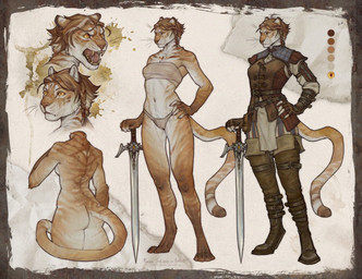 armor boots breasts brown_hair butt chest_wraps clothed clothing digitigrade female footwear fully_clothed fur hair hand_on_hip leather leather_armor legwear melee_weapon navel nude open_mouth orange_body orange_fur panties partially_clothed shoes solo sword tail thigh_boots thigh_highs underwear weapon wraps runasolaris satellitt raitlin felid hybrid liger mammal pantherine 2025 digital_drawing_(artwork) digital_media_(artwork) full-length_portrait hi_res model_sheet portrait
