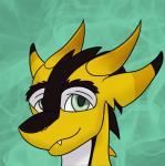 anthro blush eyes_closed male simple_background solo teal_background teal_eyes yellow_body deanwolfwood kobold scalie animated headshot_portrait portrait