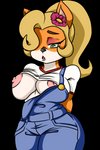 accessory anthro big_breasts blonde_hair breasts clothed clothing female fur green_eyes hair hair_accessory half-closed_eyes heart_eyes heart_symbol narrowed_eyes nipples one_breast_out one_eye_obstructed open_mouth overalls ponytail solo punished_kain activision crash_bandicoot_(series) coco_bandicoot bandicoot mammal marsupial 2:3 alpha_channel hi_res